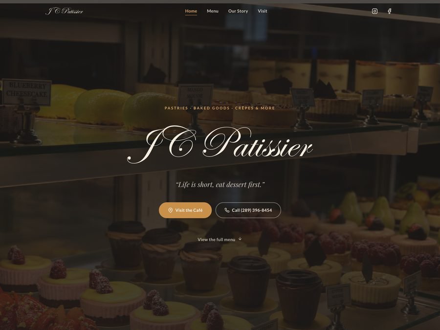The JC Patissier homepage: the shop name over a photo of the pastry case, with buttons to visit or call
